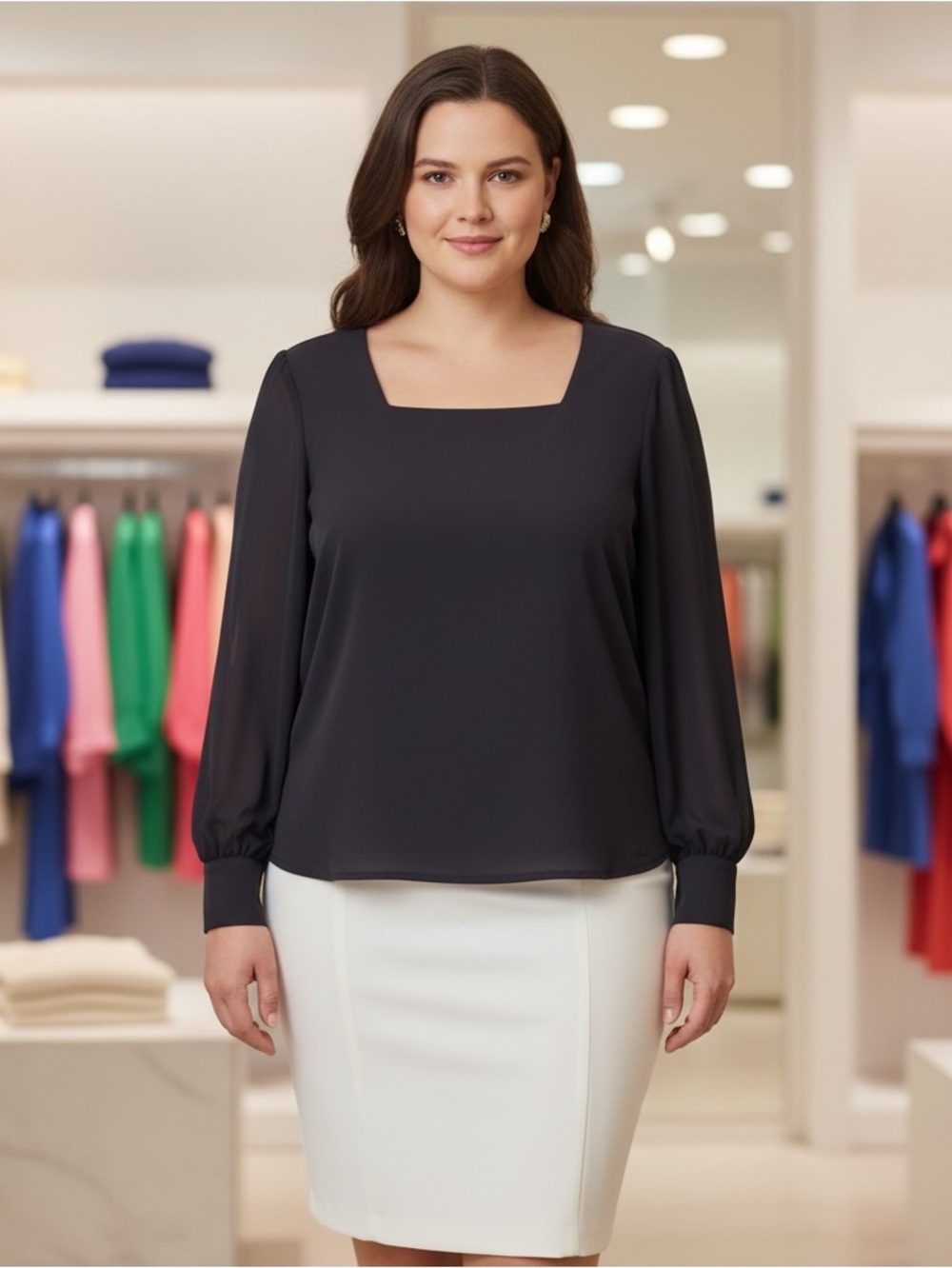 Calvin Klein square neck long-sleeve blouse in a fluid, semi-sheer fabric